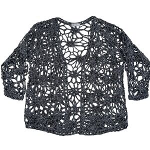 Ce'Ci Designer Collection‎ Black Silver Metallic Crochet Cardigan Top